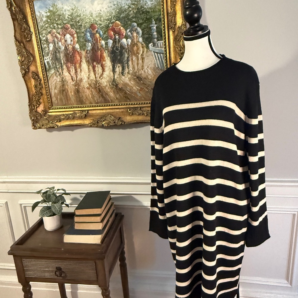 Jessica Simpson Sweater Dress Womens Black White Striped Knit Tunic | L